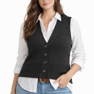 Foxcroft 100% Cotton Black Knit Button Sweater Vest Ribbed Bottom Women’s L